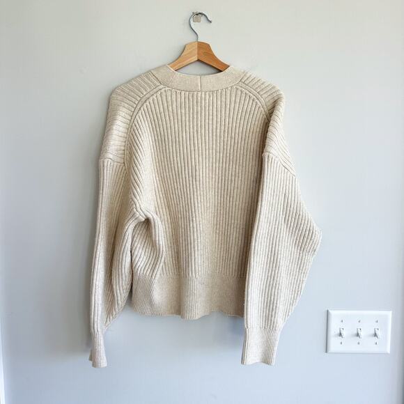 H&M Ribbed Knit Button-Front V-Neck Long Sleeve Cardigan Cream M - Picture 2 of 8